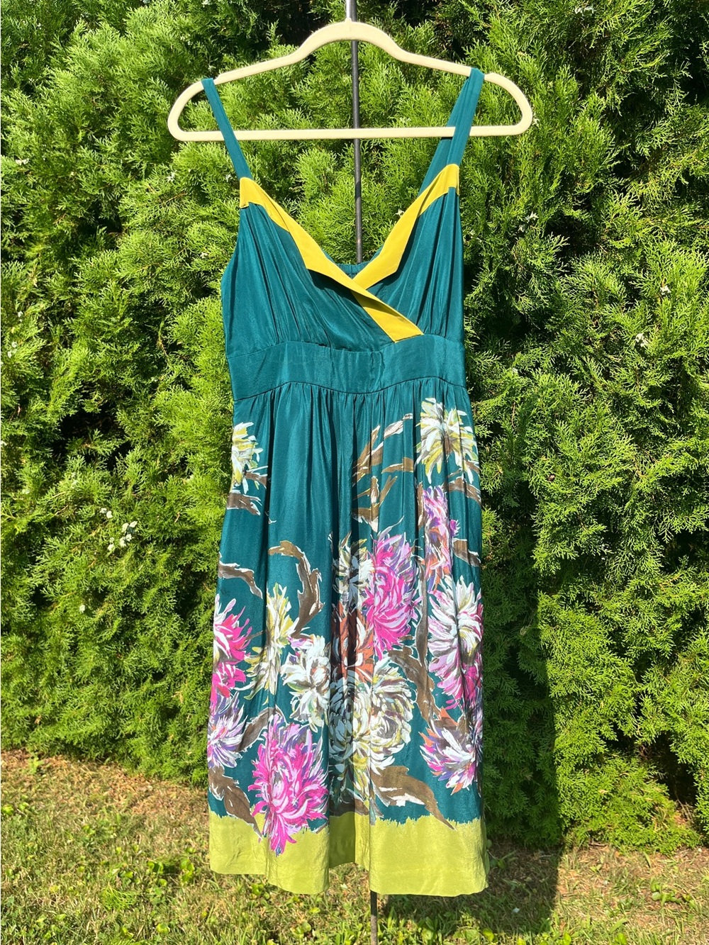 Maeve Silk Teal Floral Dress with Yellow Trim